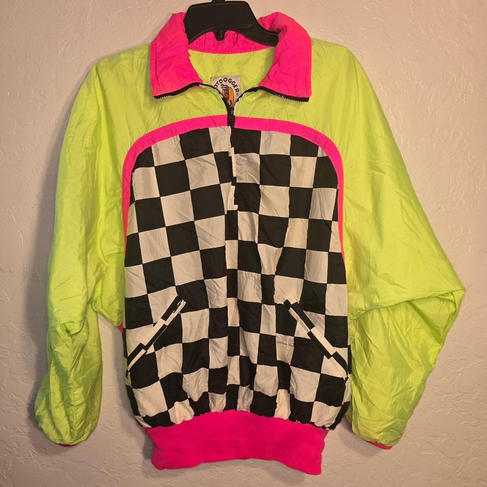 Hotdogger USA Windbreaker Small Neon Green Pink Checkered Retro 90s Jacket - Picture 1 of 11